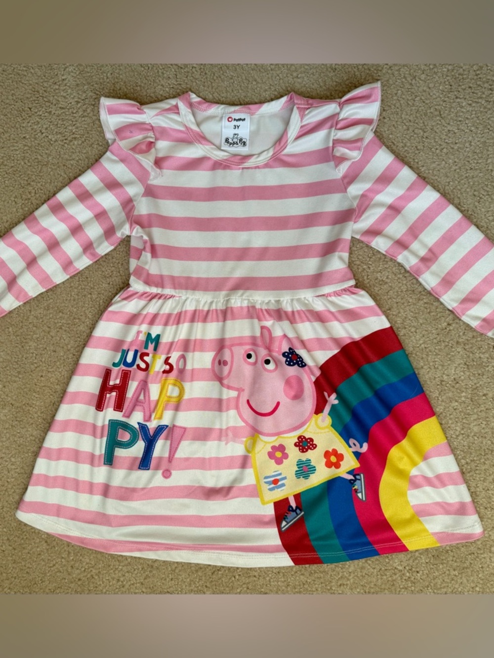 Peppa Pig, Pink and White Striped “I’m Just So Happy” Rainbow Dress